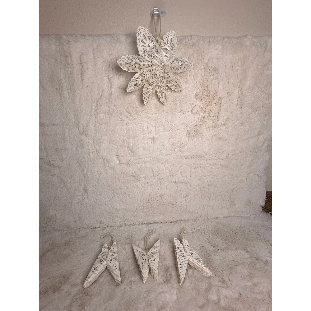 4 Vintage Cream Paper Hanging Star Ornaments or Decor with Glitter Accent 8.5